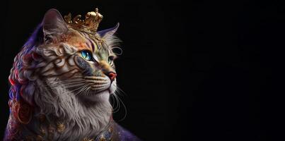 il reale gatto con lusso vestito costume. vicino su ritratto re gatto con trono e corona. generativo ai. foto
