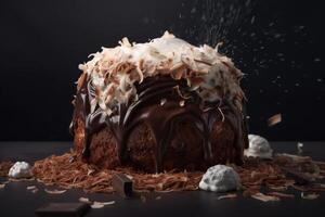 delizioso torta coperto con cioccolato e formaggio su un' buio sfondo alto dettagliato ai generato foto