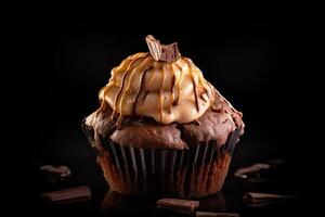 un' molto dettagliato foto di delizioso cioccolato Cupcake cosparso con dolce crema contro un' buio sfondo ai generato
