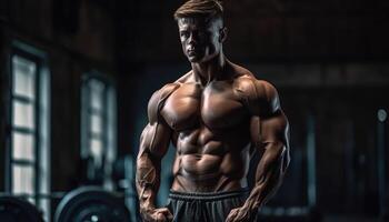 muscolare bodybuilder maschio atleta dimostra sua corpo nel il palestra. generativo ai foto