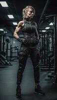 muscolare bodybuilder femmina atleta dimostra sua corpo nel il palestra. generativo ai foto