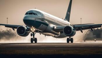 avvicinamento tiro di il aereo atterraggio su il pista di decollo. generativo ai foto