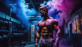 muscolare bodybuilder maschio atleta dimostra sua corpo nel il palestra. generativo ai foto