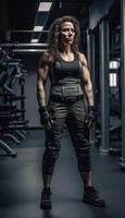 muscolare bodybuilder femmina atleta dimostra sua corpo nel il palestra. generativo ai foto