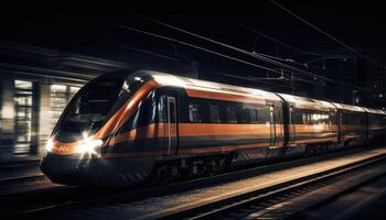 foto di moderno alto velocità treno passaggio attraverso il città a notte. generativo ai