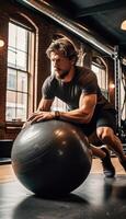 foto di maschio atleta Lavorando su su pilates sfera. generativo ai