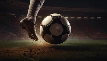piede di calcio giocatore colpire calcio palla veloce nel stadio. generativo ai foto