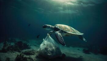 sotto il oceano, un' foto con spazzatura, caretta caretta e pesce. ambientale inquinamento concetto. generativo ai