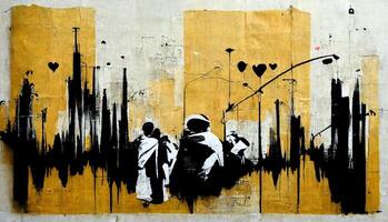 generativo ai, inchiostro nero strada graffiti arte su un' strutturato carta Vintage ▾ sfondo, ispirato di Banksy. foto