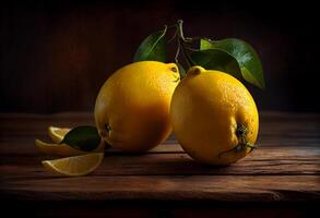 giallo limoni su un' di legno tavolo. ai generato foto