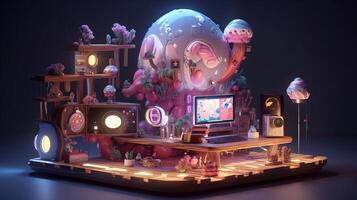 3d gioco stazione con colorato luce, cartone animato - generativo ai foto