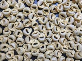 un' vicino su superiore Visualizza tiro di crudo tortellini con bianca funghi struttura cibo fotografia foto