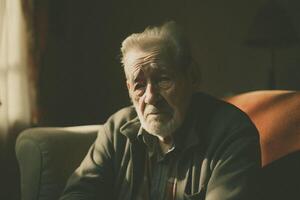 anziano nonno seduta nel il vivente camera su il divano divano, sensazione nostalgico, dolore, mancante il suo nipoti, fallimento, e frode a casa. generativo ai foto
