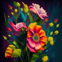 un' mazzo di colorato fiorisce, un' brillante paesaggio fiorito, un' festivo floreale display, floreale olio pittura su tela , ancora vita fiori la pittura, progettato con artificiale intelligenza, generativo ai foto