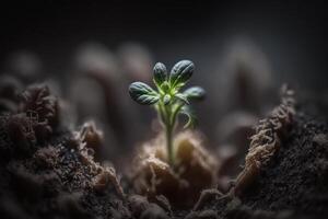 un' verde germoglio emerge a partire dal un' seme nel il terra generativo ai foto
