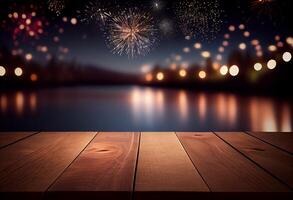 di legno tavolo e bokeh di fuochi d'artificio su il sfondo. ai generativo foto