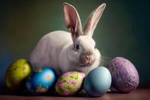 carino Pasqua buny seduta con Pasqua uova ai generativo immagini per Pasqua giorno foto