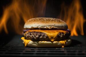 hamburger al formaggio nero sfondo. ai generato foto