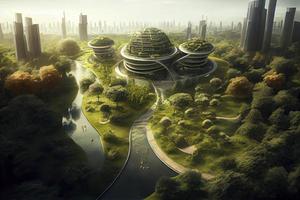 futuristico città concetto di esg verde edifici e uffici pieno con verde, grattacieli, parchi e altro verde spazi foto