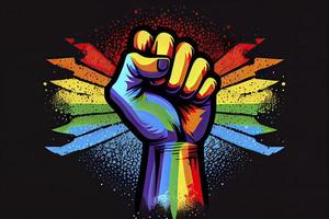 arcobaleno colorato mano con un' cazzotto sollevato su. gay orgoglio. lgbt concetto foto