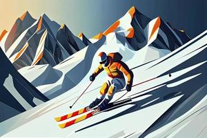 Avanzate sciatore scivoli vicino montagna discesa. gli sport discesa su sci nel montagne colline foto