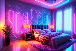 moderno Camera da letto interno con neon luci raggiante ambientale nel il sera lussuoso elegante di ai generato foto