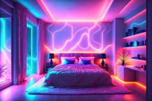 moderno Camera da letto interno con neon luci raggiante ambientale nel il sera lussuoso elegante di ai generato foto