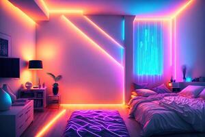 moderno Camera da letto interno con neon luci raggiante ambientale nel il sera lussuoso elegante di ai generato foto