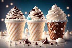 cioccolato vaniglia ghiaccio crema cono Annunci con ghiaccio cubi e i fiocchi di neve di ai generato foto
