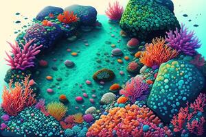 colorato mare sfondo con roccioso parte inferiore massi alghe e coralli di ai generato foto