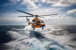ricerca e salvare operazione nel mare. emergenza salvare elicottero mosche al di sopra di mare superficie, guardare per vittime dopo incidente. creato con generativo ai foto