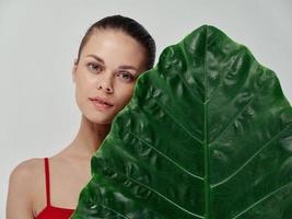 attraente donna nel costume da bagno vicino verde foglia di palma albero pulito pelle naturale Guarda gioventù foto