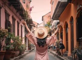 ragazza indossare un' cappello come lei passeggiate nel il stretto strada. illustrazione ai generativo foto