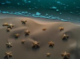 spiaggia sabbia con stelle e conchiglie. illustrazione ai generativo foto