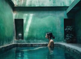 donna nel blu piscina. illustrazione ai generativo foto