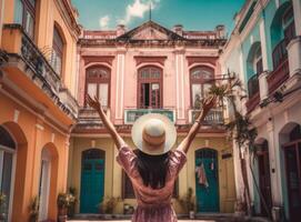 ragazza indossare un' cappello come lei passeggiate nel il stretto strada. illustrazione ai generativo foto