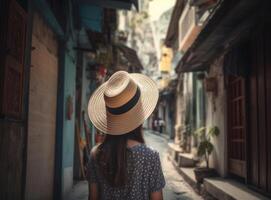 ragazza indossare un' cappello come lei passeggiate nel il stretto strada. illustrazione ai generativo foto