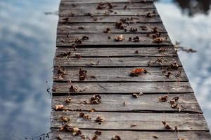 un ponte di legno è ricoperto di foglie autunnali. foglie di acero di autunno sulla tavola di legno. foglie che cadono sfondo naturale