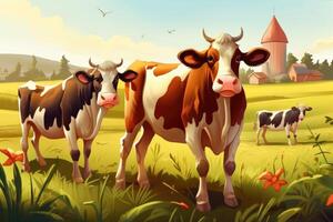 mucche pascolo su un' azienda agricola con luce del sole, azienda agricola paesaggio illustrazione con generativo ai foto