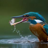 Comune europeo martin pescatore fiume martin pescatore volante dopo emergente a partire dal acqua con catturato pesce preda nel becco foto