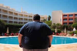 Grasso uomo a estate vacanze vicino nuoto piscina. obesità problema. generativo ai foto