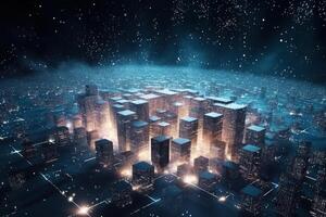 digitale Rete paesaggio nel un' illuminato notte città, futuro mondo generativo ai foto