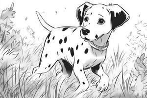 colorazione pagina schema di cartone animato carino poco cucciolo cane. illustrazione colorazione libro per bambini. generativo ai foto