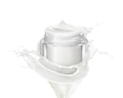 cosmetico o lozione confezione su latte spruzzi circondato isolato su bianca foto