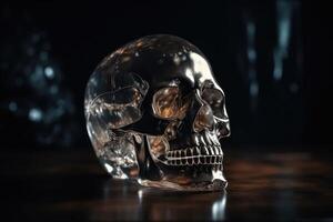 un' cristallo cranio nel un' buio grotta creato con generativo ai tecnologia. foto