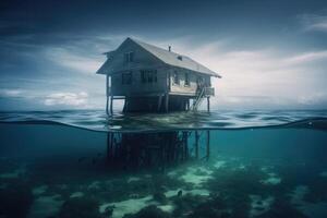 un' Casa su il terra di il oceano sotto acqua creato con generativo ai tecnologia. foto