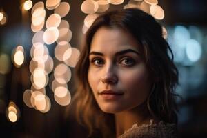 un' bellissimo ritratto di un' giovane donna con morbido bokeh luci creato con generativo ai tecnologia. foto