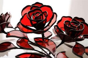 un' più grandi mazzo di rosso Rose fatto di macchiato Glas su un' bianca superficie creato con generativo ai tecnologia. foto