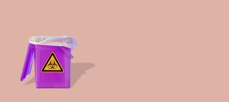 fluorescente spazzatura spazzatura bidone con suo ombre e radiazione Pericolo arancia simbolo isolato a rosa solido sfondo. concetto di nucleare rifiuto raccolta differenziata e ambiente. foto