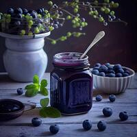 mirtillo marmellata con fresco frutti di bosco su un vecchio di legno tavolo. mirtillo marmellata nel il bicchiere vaso con fresco frutti di bosco. salutare cibo per prima colazione. generativo ai foto